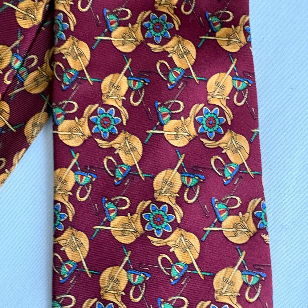 Brooks Brother Equestrian silk tie burgundy saddle horse-shoe horse racing red